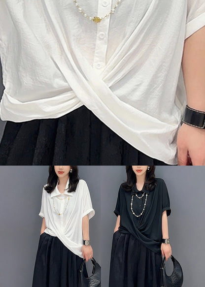 Black Asymmetrical Button Shirts Short Sleeve