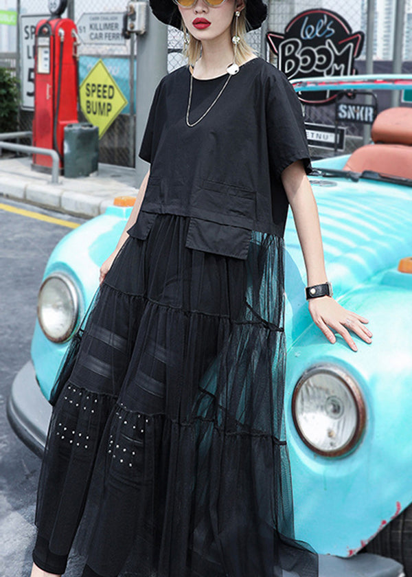 Black Baggy Tulle Patchwork a Line Dress O-neck Oversized Short Sleeve