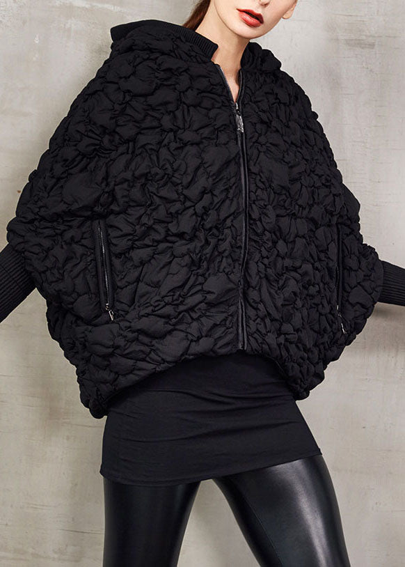 Black Bat Wing Sleeve Duck Down Puffer Jacket Hooded Winter