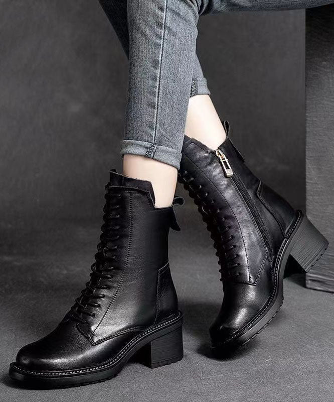 Black Biker Boots Chunky Zippered Cowhide Leather Lace Up Boots
