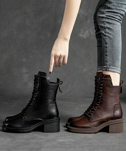 Black Biker Boots Chunky Zippered Cowhide Leather Lace Up Boots