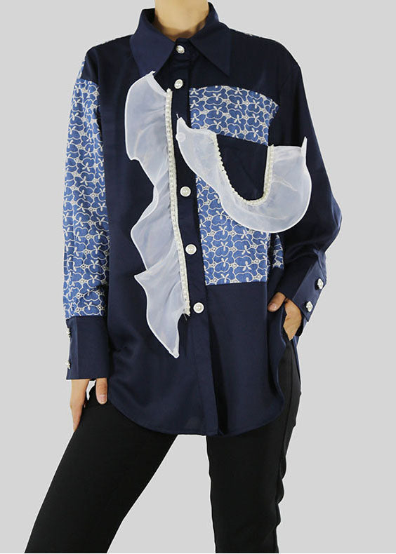 Black Blouses Ruffled Patchwork Button Pockets Spring