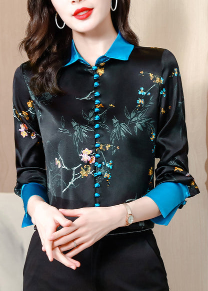 Black Blue Colour Patchwork Peter Pan Collar Button Silk Shirts Long Sleeve