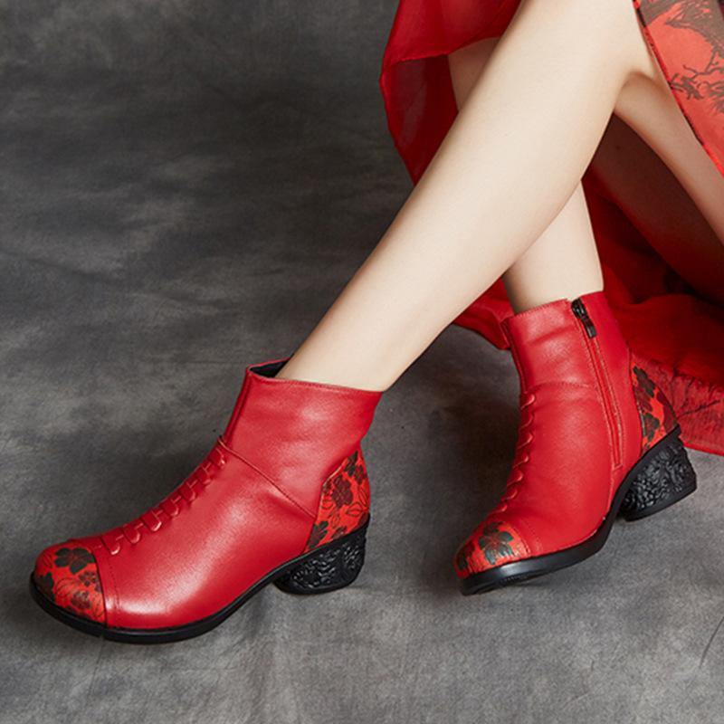 Black Boots Chunky Cowhide Leather Embossed Boots