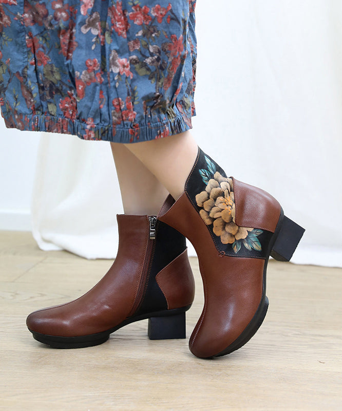 Black Boots Chunky Cowhide Leather Hand Drawn