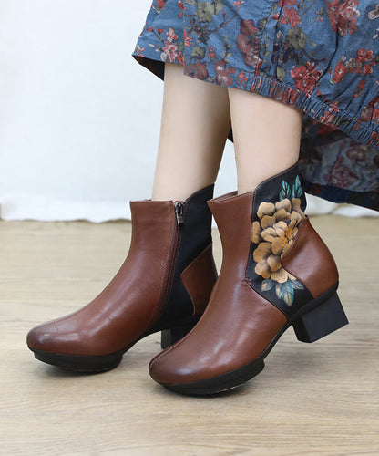 Black Boots Chunky Cowhide Leather Hand Drawn