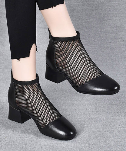 Black Boots Chunky Faux Leather Splicing Breathable Mesh