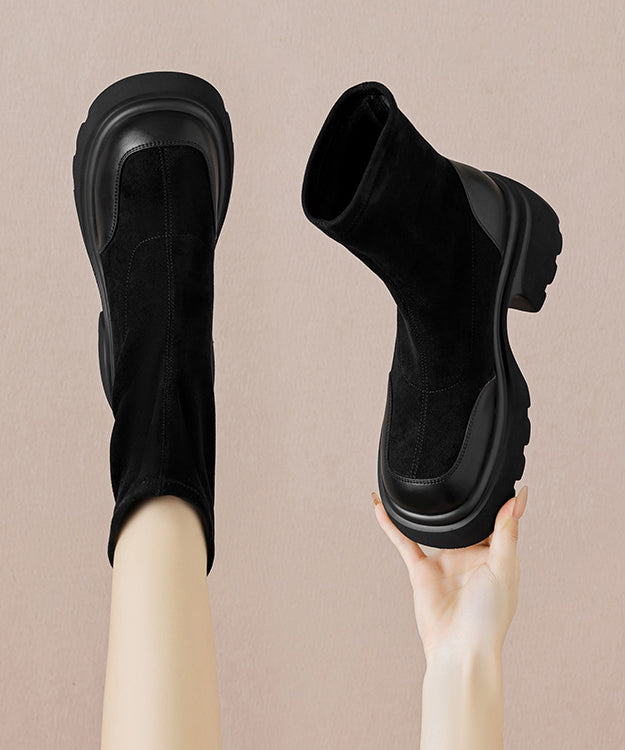 Black Boots Platform Splicing Elastic Fabric