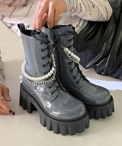 Black Boots Platform Cowhide Leather Splicing Cross Strap