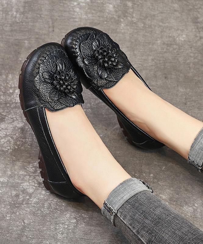 Black Bow Flat Shoes Genuine Leather Handmade Flat Shoes