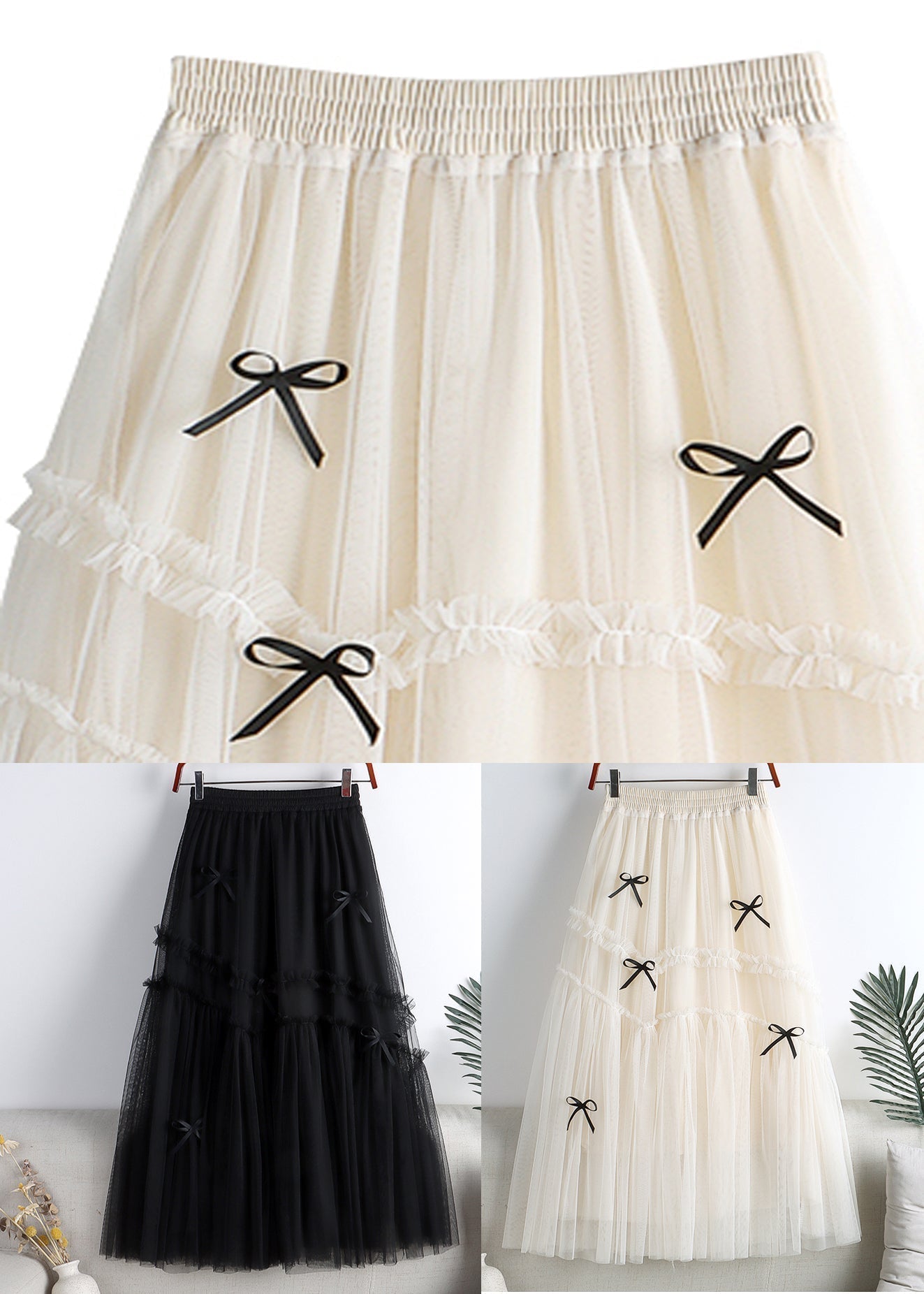 Black Bow High Waist Tulle a Line Skirts Fall