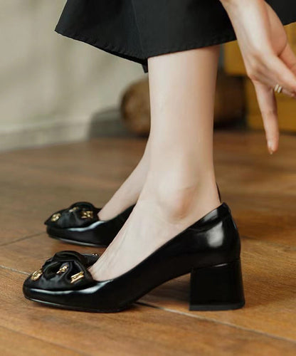 Black Bow Loafers for Chunky Heel Faux Leather