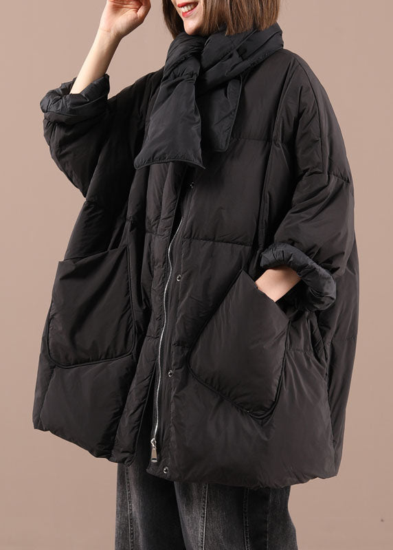 Black Bow Pockets Zippered Winter Cotton Blend Coat Long Sleeve