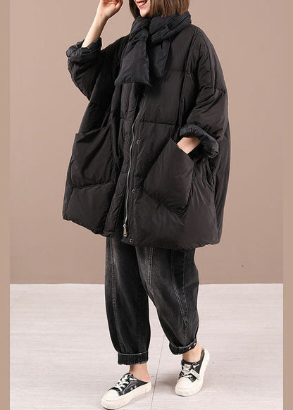 Black Bow Pockets Zippered Winter Cotton Blend Coat Long Sleeve