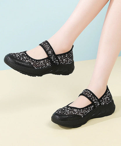 Black Breathable Mesh Flat Feet Shoes Splicing Buckle Strap