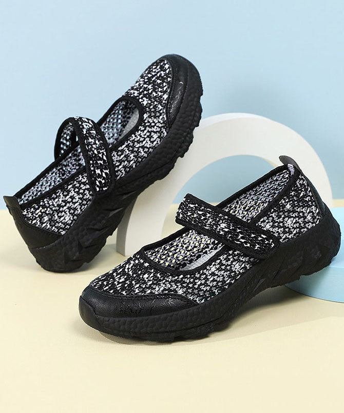 Black Breathable Mesh Flat Feet Shoes Splicing Buckle Strap