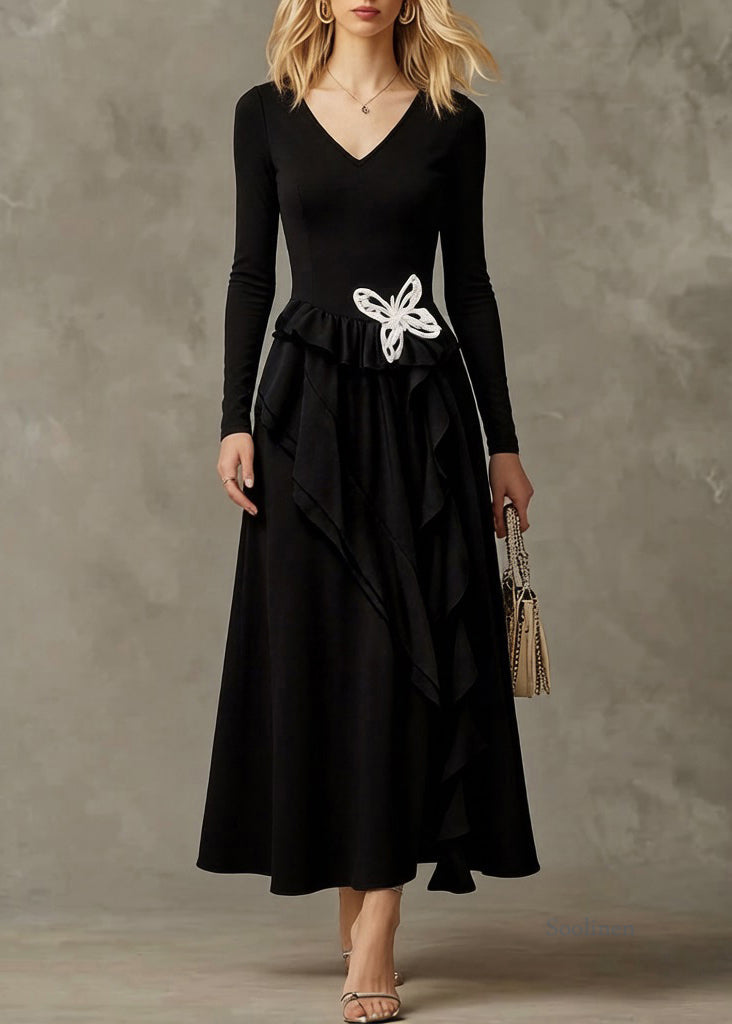 Black Butterfly Ruffled Cotton Long Dresses Asymmetrical Spring