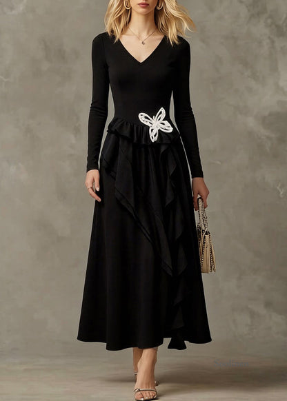 Black Butterfly Ruffled Cotton Long Dresses Asymmetrical Spring