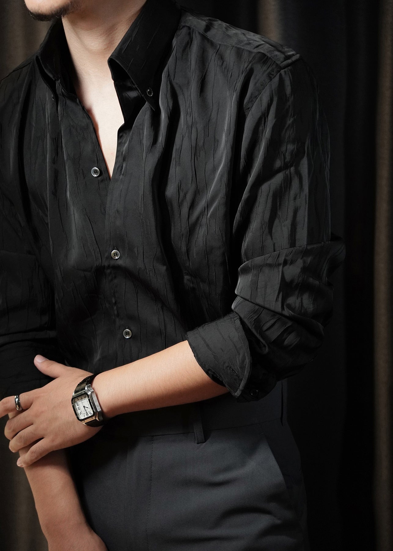 Black Button Cotton Fall Shirt Men Peter Pan Collar