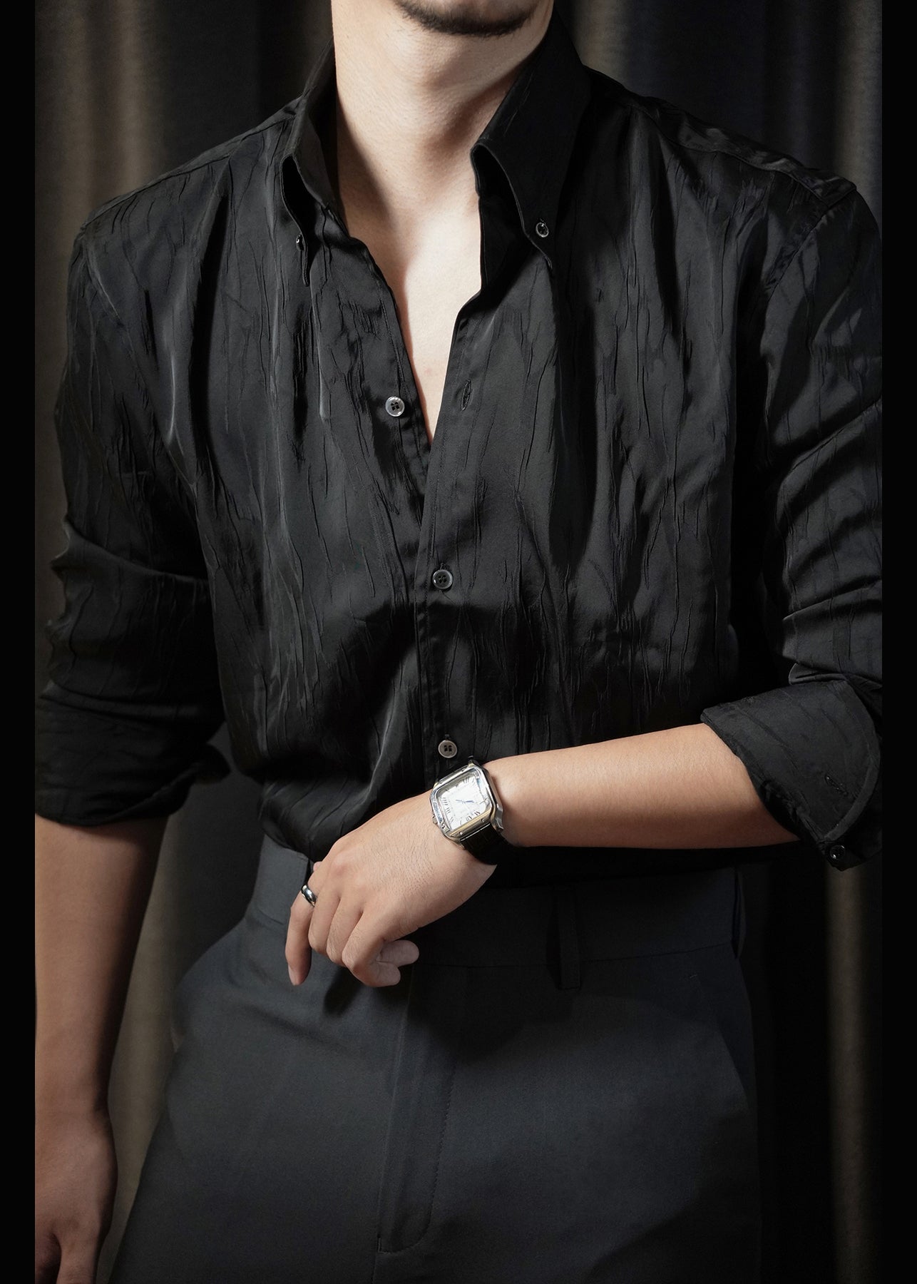 Black Button Cotton Fall Shirt Men Peter Pan Collar