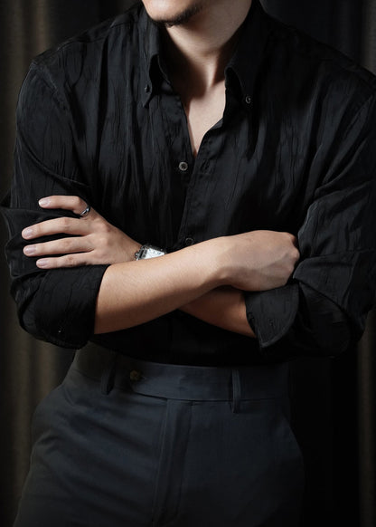 Black Button Cotton Fall Shirt Men Peter Pan Collar