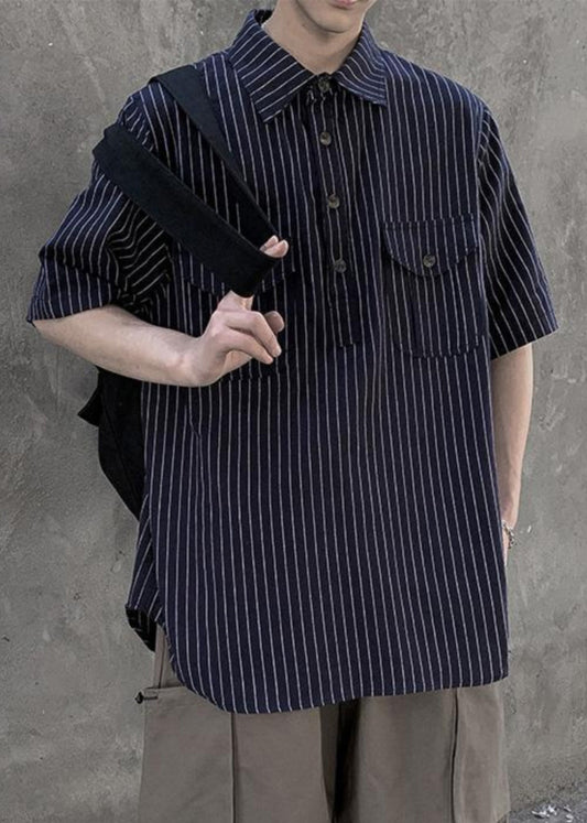 Black Button Cotton Shirts Peter Pan Collar Short Sleeve