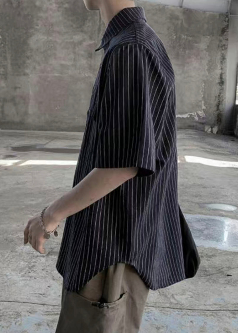 Black Button Cotton Shirts Peter Pan Collar Short Sleeve