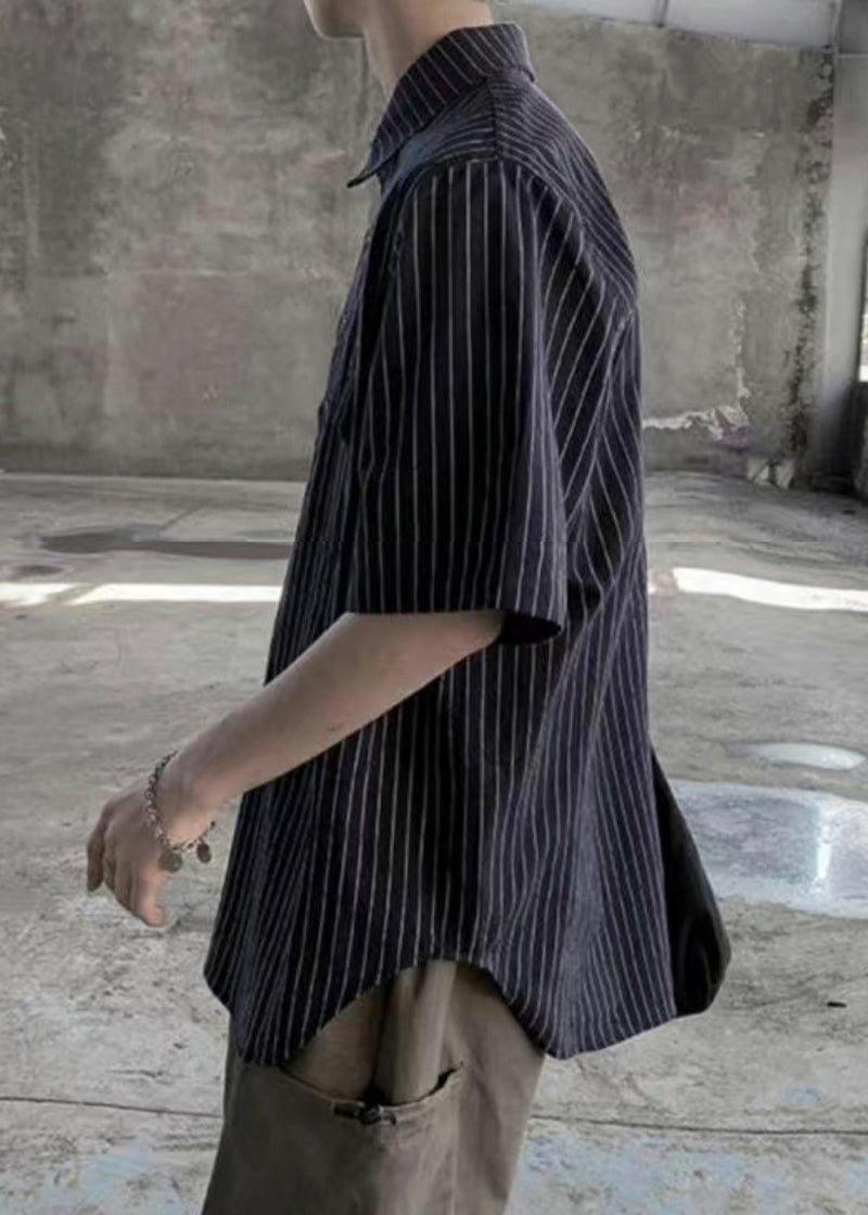 Black Button Cotton Shirts Peter Pan Collar Short Sleeve