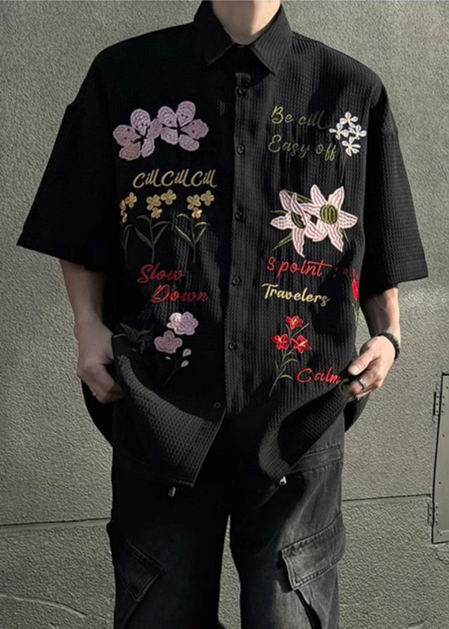 Black Button Cotton Shirts Peter Pan Collar Summer
