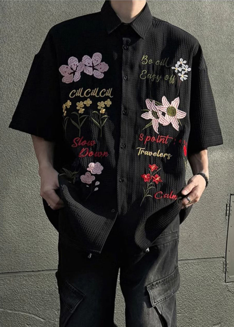 Black Button Cotton Shirts Peter Pan Collar Summer