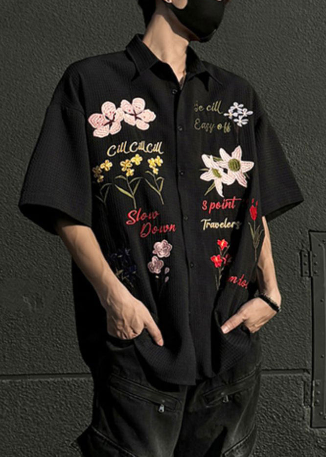 Black Button Cotton Shirts Peter Pan Collar Summer
