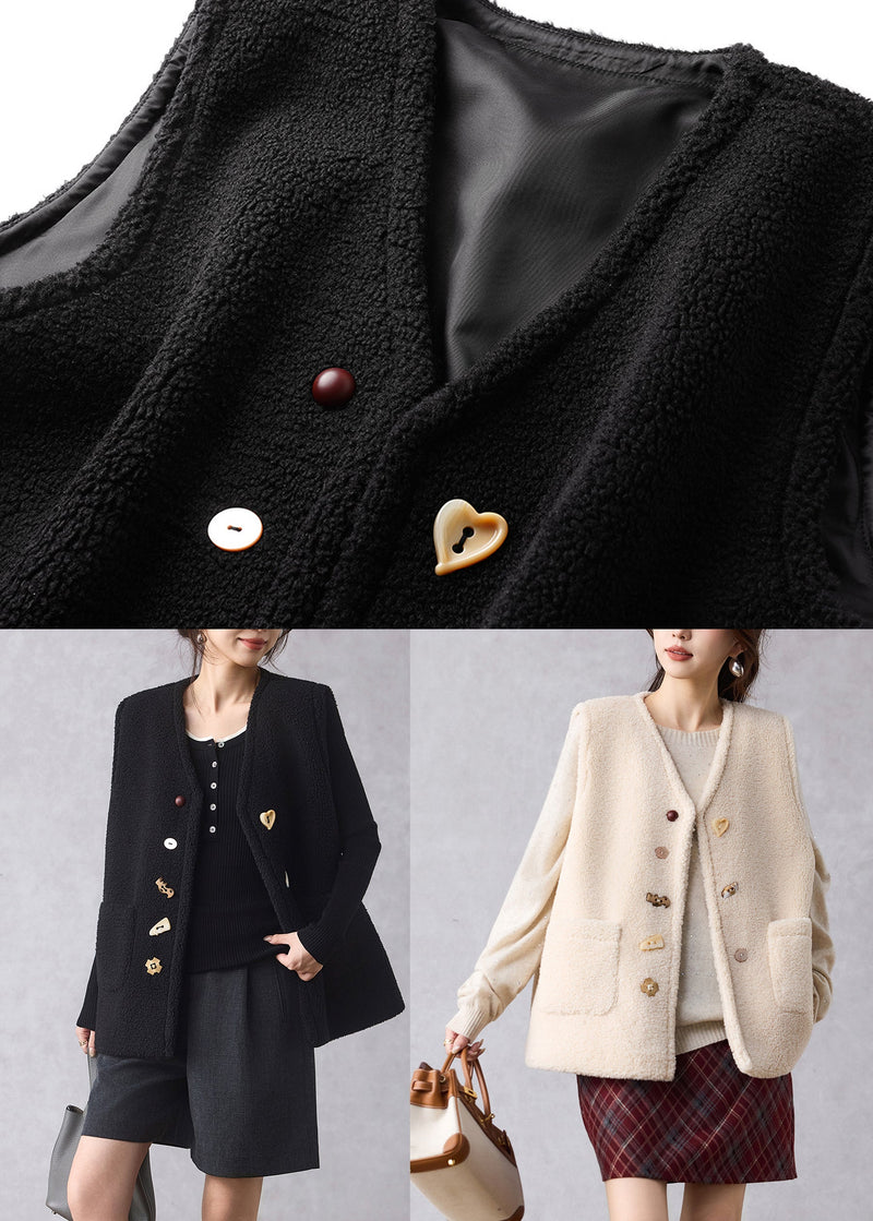Black Button Faux Fur Waistcoat V Neck Sleeveless