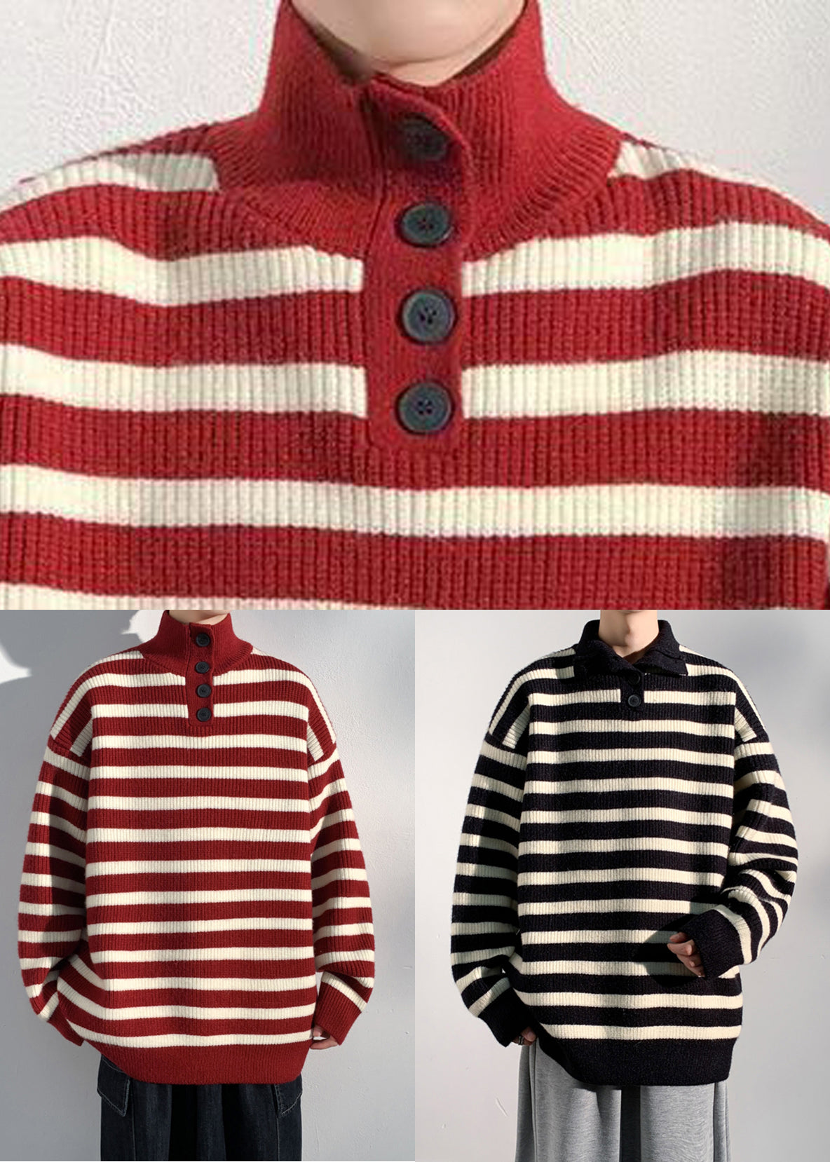 Black Button Knit Sweaters Turtleneck Winter