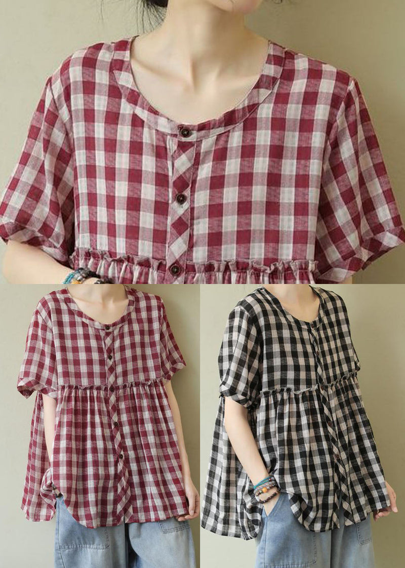 Black Button Plaid Patchwork Cotton Tops Half Sleeve