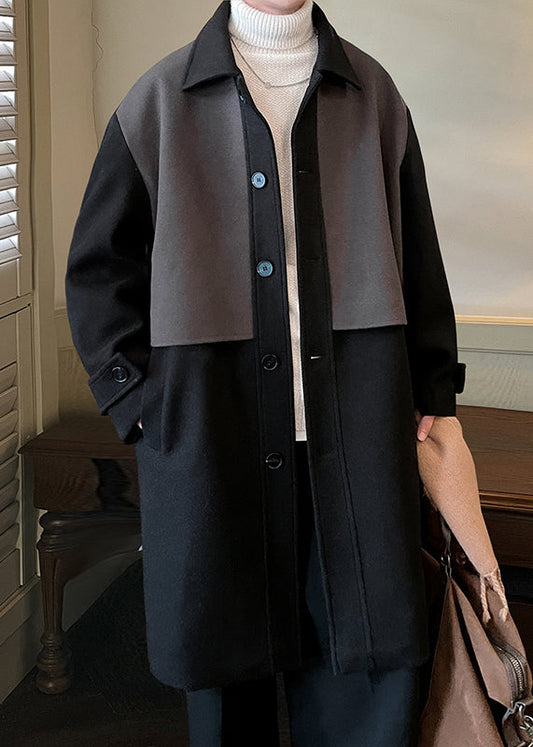 Black Button Pockets Patchwork Woolen Coat Peter Pan Collar Winter