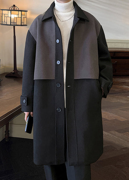 Black Button Pockets Patchwork Woolen Coat Peter Pan Collar Winter