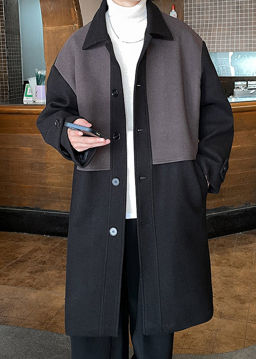 Black Button Pockets Patchwork Woolen Coat Peter Pan Collar Winter