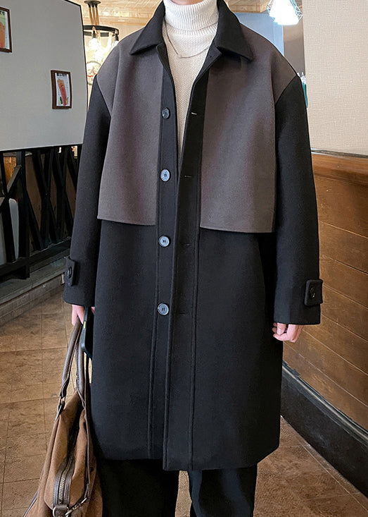 Black Button Pockets Patchwork Woolen Coat Peter Pan Collar Winter