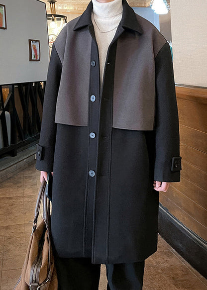Black Button Pockets Patchwork Woolen Coat Peter Pan Collar Winter