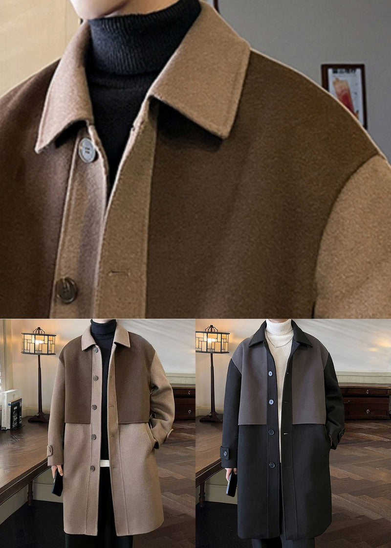 Black Button Pockets Patchwork Woolen Coat Peter Pan Collar Winter