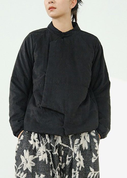 Black Button Pockets Fine Cotton Coats Stand Collar