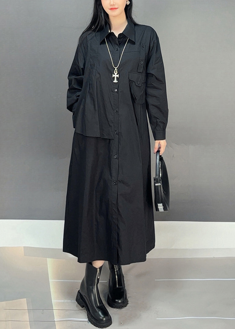 Black Button Cotton Fall Blouses Dresses Asymmetrical