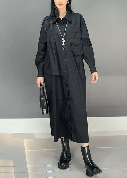Black Button Cotton Fall Blouses Dresses Asymmetrical