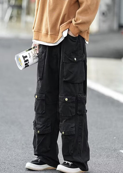 Black Button Cotton Pants High Waist