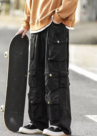 Black Button Cotton Pants High Waist