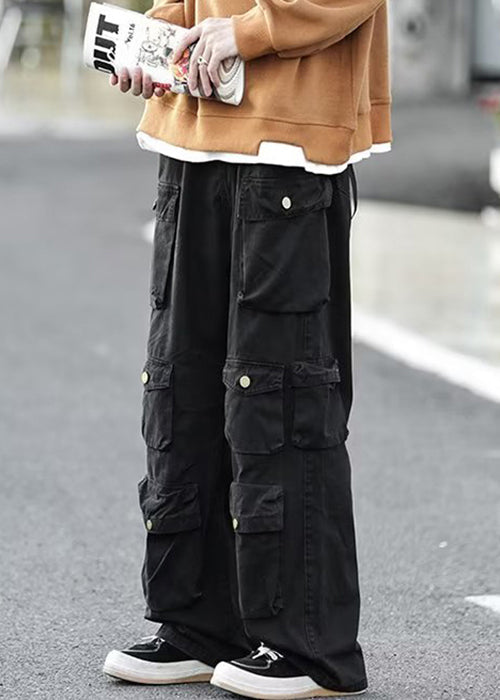 Black Button Cotton Pants High Waist
