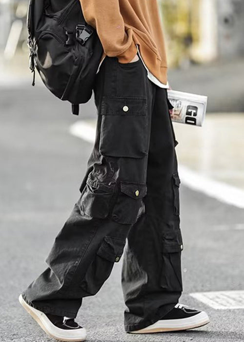 Black Button Cotton Pants High Waist