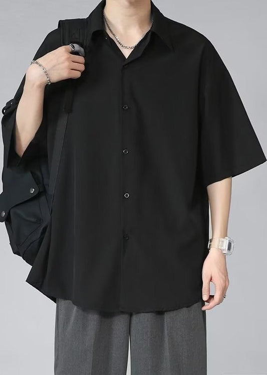 Black Button Ice Silk Shirt Peter Pan Collar Half Sleeve