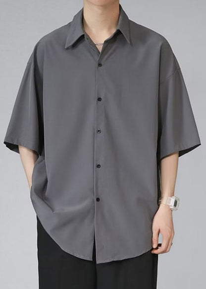 Black Button Ice Silk Shirt Peter Pan Collar Half Sleeve