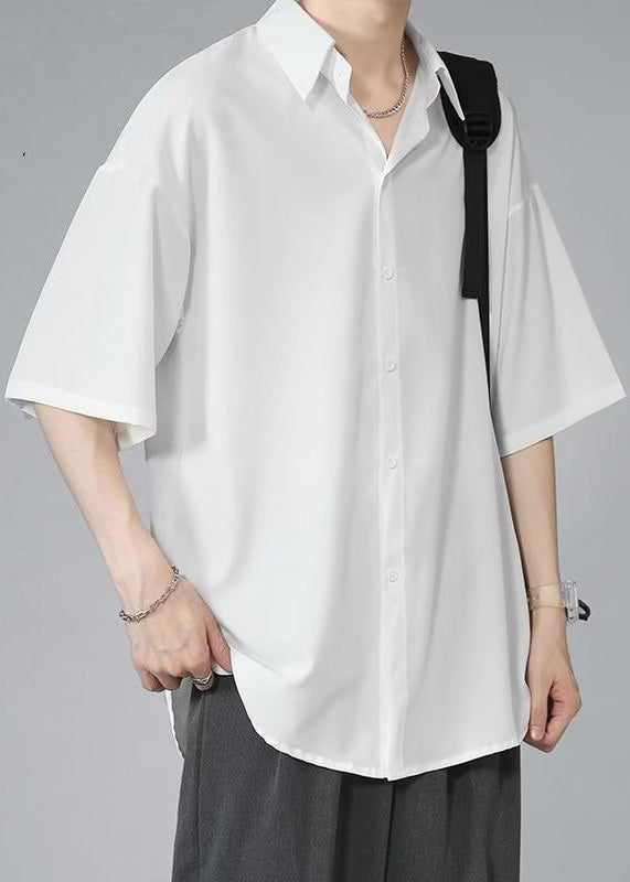 Black Button Ice Silk Shirt Peter Pan Collar Half Sleeve